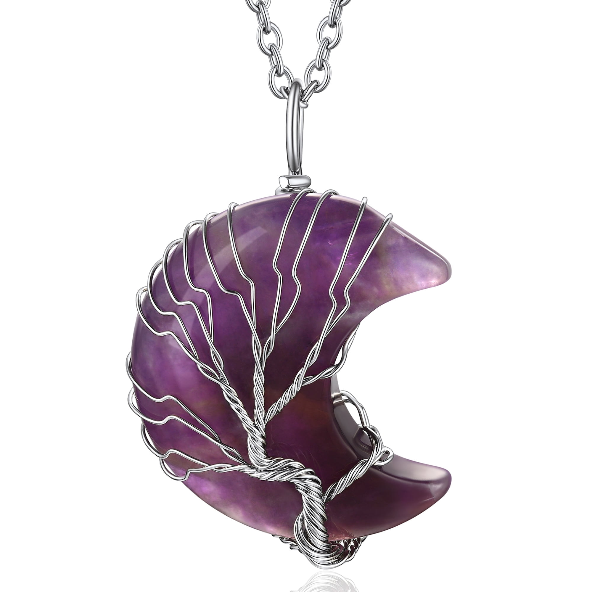 Heshpaws Árbol De La Vida Collar De Collar De Alambre Envuelto De Luna Creciente Colgante De Piedra De La Luna Creciente Colgante,7 Chakra Collar De Joyería De Cristal De Curación Para Mujeres