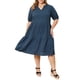 thumbnail image 2 of Vestido de Cuadros Vichy para Mujer de Talla Grande GRACE & GRANDEUR con Escote con Muescas, Manga Abullonada, Midi, Escalonado, Casual, Primavera Verano con Bolsillos 4X Azul Marino, 2 of 6