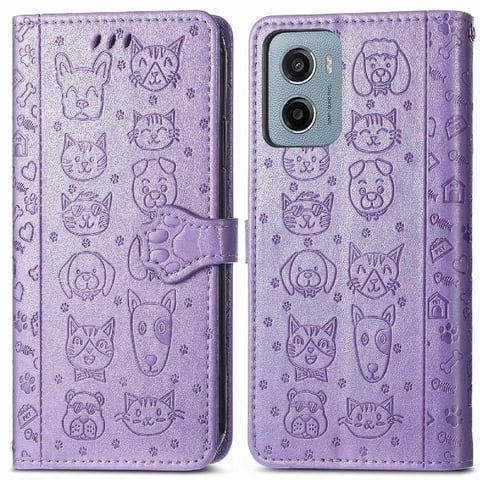 Funda Cartera Foxdock Para Motorola Moto E15 , Flip Pu Con Relieve De Gatos Y Perros, Tarjetero Y Soporte