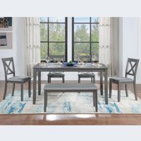 M&Ms - 6 Piece Kitchen Dining Set, Rectangular Wooden Dining Table With 4 Upholstered Chairs And A Bench, Dining Table Set For 6 People, Living Room, Home Bar And Kitchen, Gray