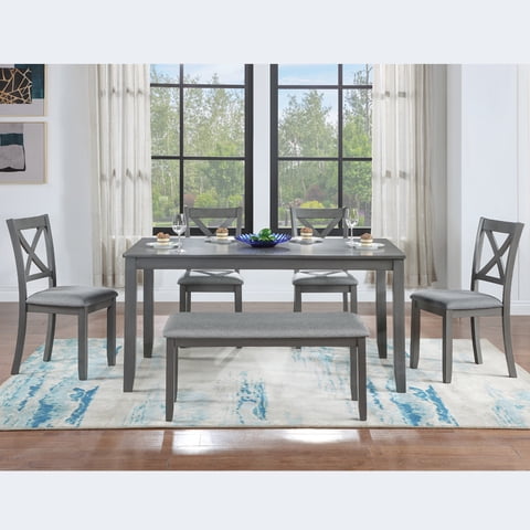 M&Ms - 6 Piece Kitchen Dining Set, Rectangular Wooden Dining Table With 4 Upholstered Chairs And A Bench, Dining Table Set For 6 People, Living Room, Home Bar And Kitchen, Gray