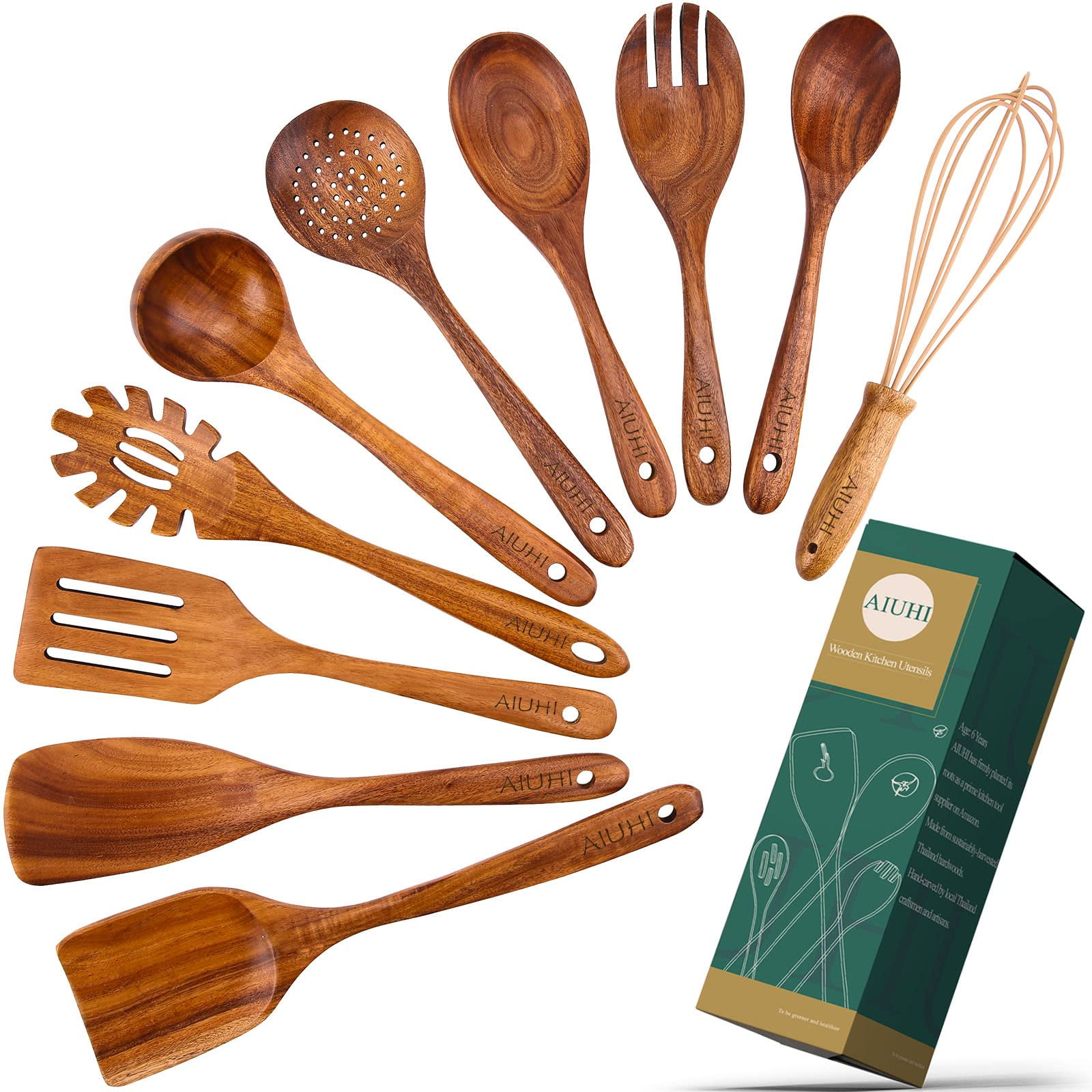 Juego De Utensilios Adt De Madera De Teca Para Cocina Antiadherente, Paquete De 10