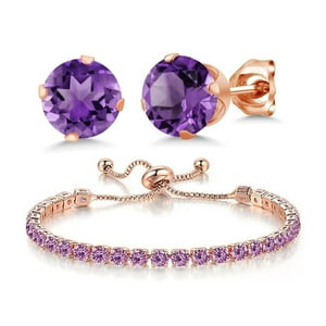 Pulsera Y Aros Paris Jewelry 18K Rose Gold 6 Ct Amatista Redonda Ajustable