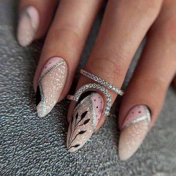 Glitter Almond Press On Nails,Leaf Design Fake Nails,Medium False Nails