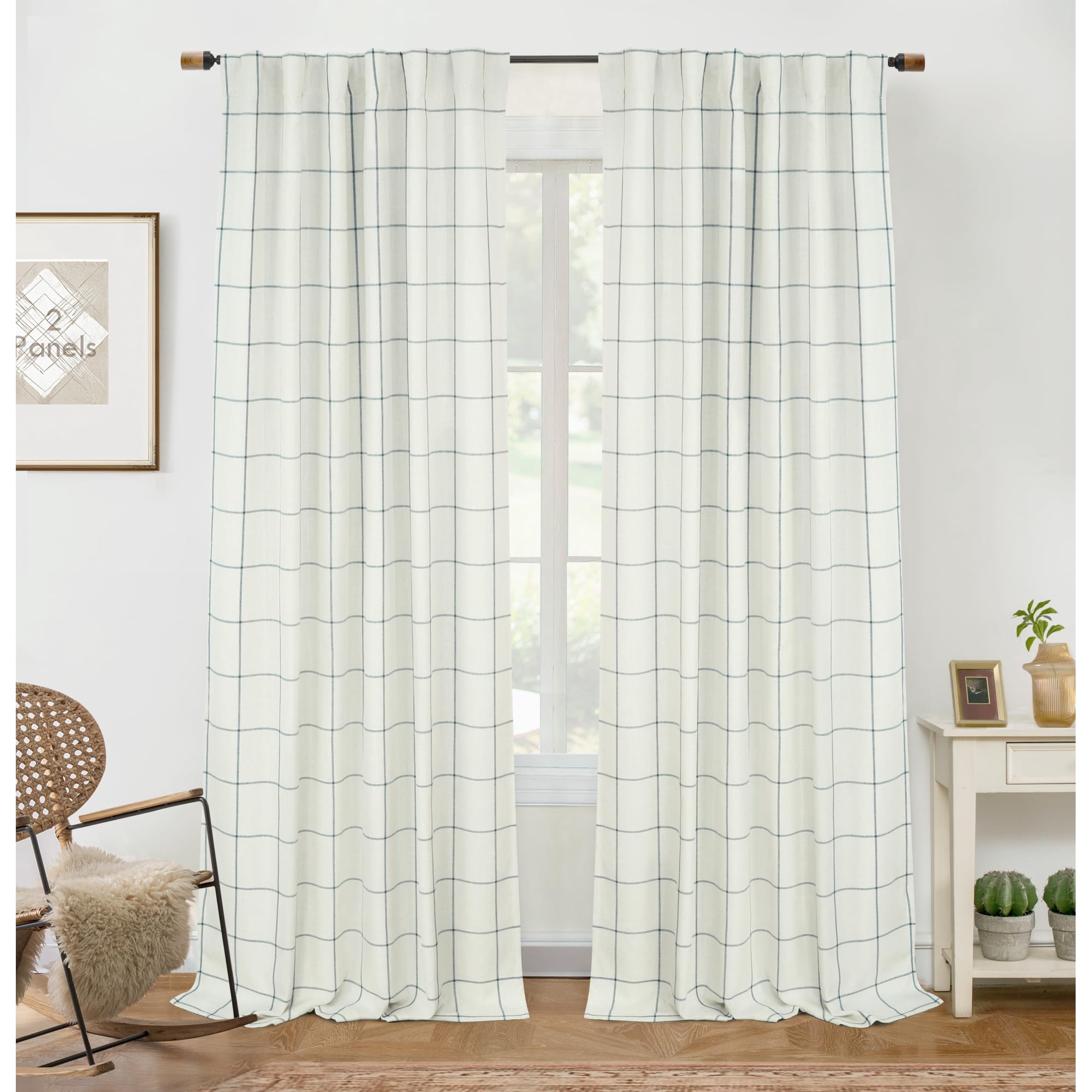 Cortinas Driftaway 100% Opacas, Paneles De Lino A Cuadros, 230 Cm