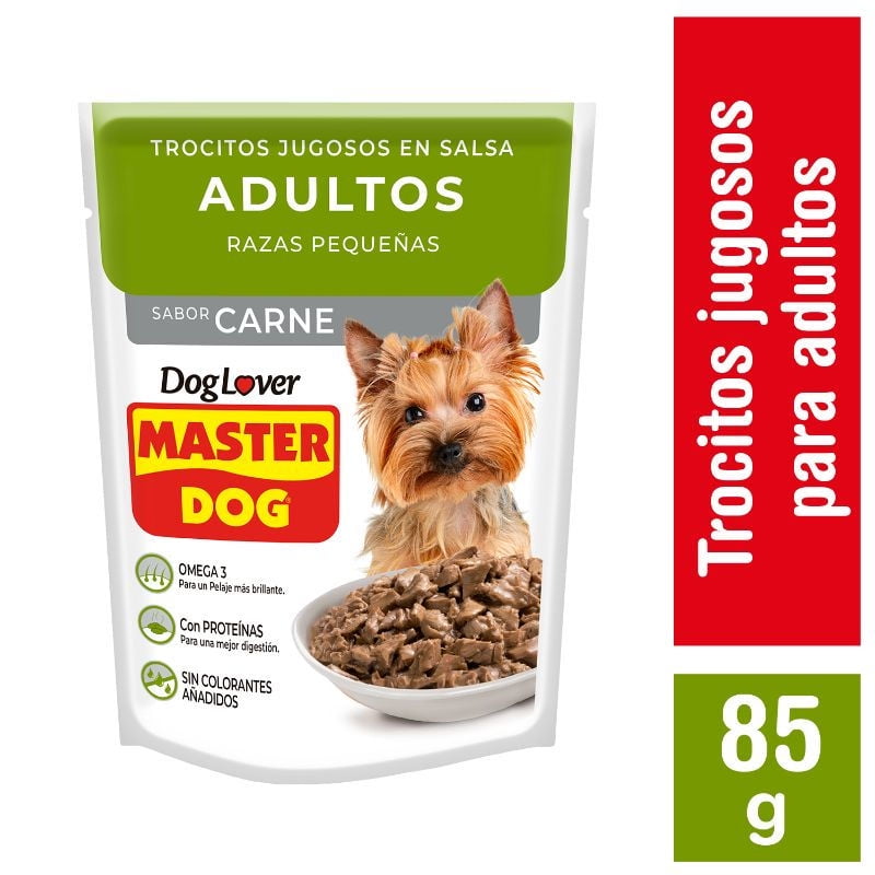 Alimento Húmedo Perro Adulto Raza Pequeña Trocitos Sabor Carne Pouch 85 g Master Dog
