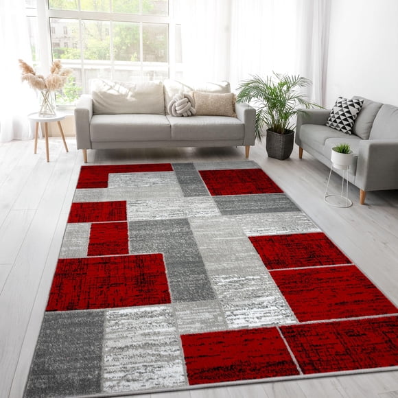 Alfombra L'Baiet Verena, geométrica, roja y gris, 60 cm x 90 cm