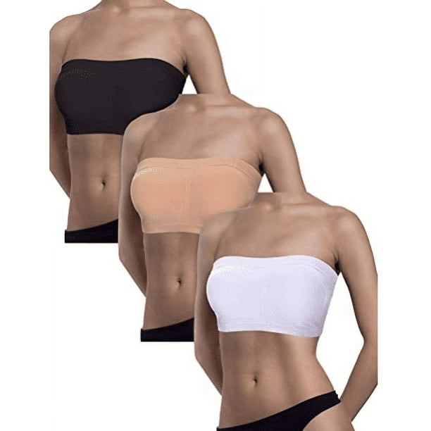 Sujetador bandeau de 3 piezas para mujer, acolchado, sin tirantes, suave, sin costuras, con parte superior de tubo, tallas variadas (color negro, blanco y nude).