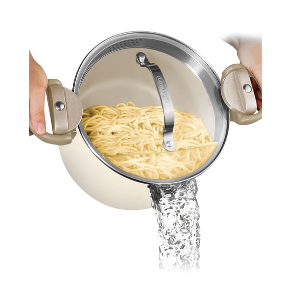 Stock Pot Gotham Steel de 5 litros con tapa de colador, antiadherente, color crema