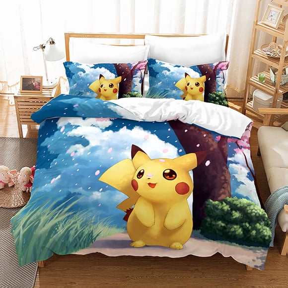 Pok-mon Pika-chu 3 Pcs Comforter Set with 2 Pillowcases,Pokmo-n Pikach-u Bedding Set Sheet Set for Kids Adults,All Season Lightweight Bedding Set for Bedroom Bed Dorm Decor Bed She