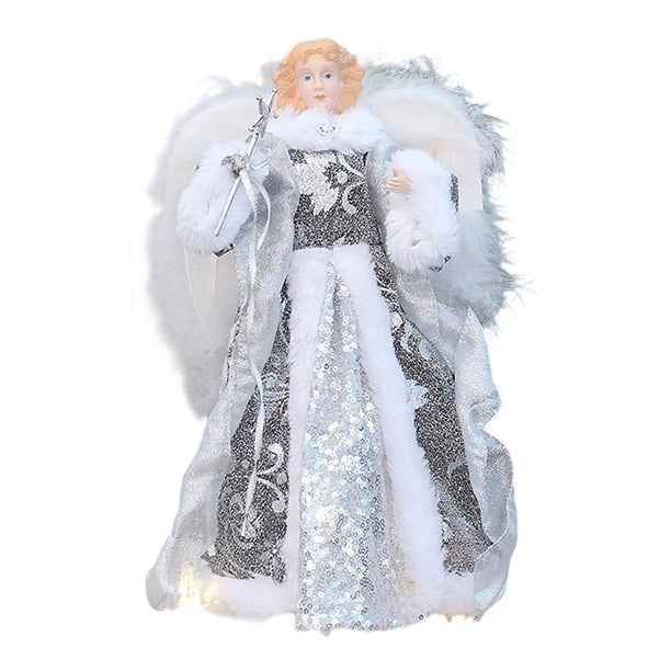 Figura de ángel de 30 cm en la copa del árbol, adorno navideño para festivales, oficinas, árboles de Navidad, salas de estar y decoración del hogar. Plata