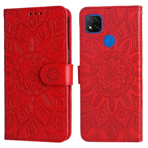 Funda tipo cartera FOXDOCK para Xiaomi Redmi 9C , diseño girasol en relieve, cuero PU, cierre magnético, soporte y tarjetero