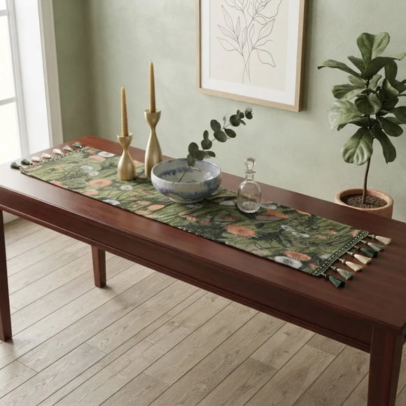 Camino De Mesa Jardín Oliva | 30 X 180 Cm Verde Musgo Estampado