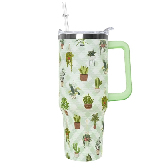 Vaso térmico Ceovfoi 1200 ml con cactus, asa y pajilla