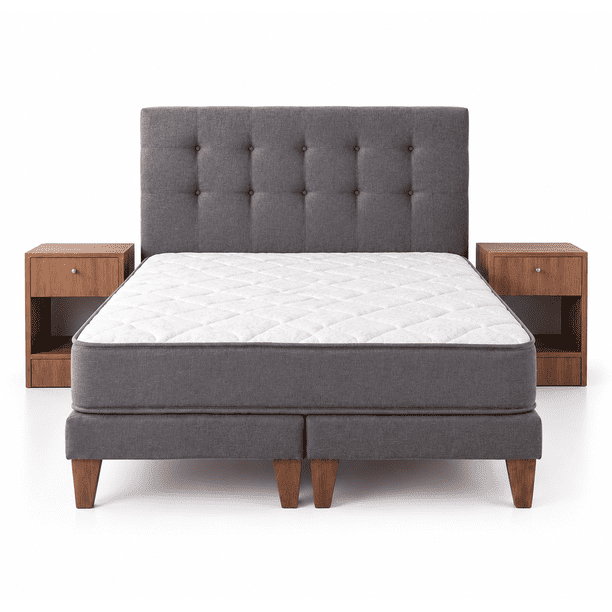 Cama 2 Plazas Base Europea + Colchón 25 cm con Resortes Bonnell + Respaldo de Tapizado + 2 Veladores