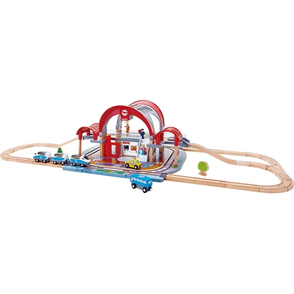 Set de tren de madera Pretend Play Hape Grand City Station, 49 piezas