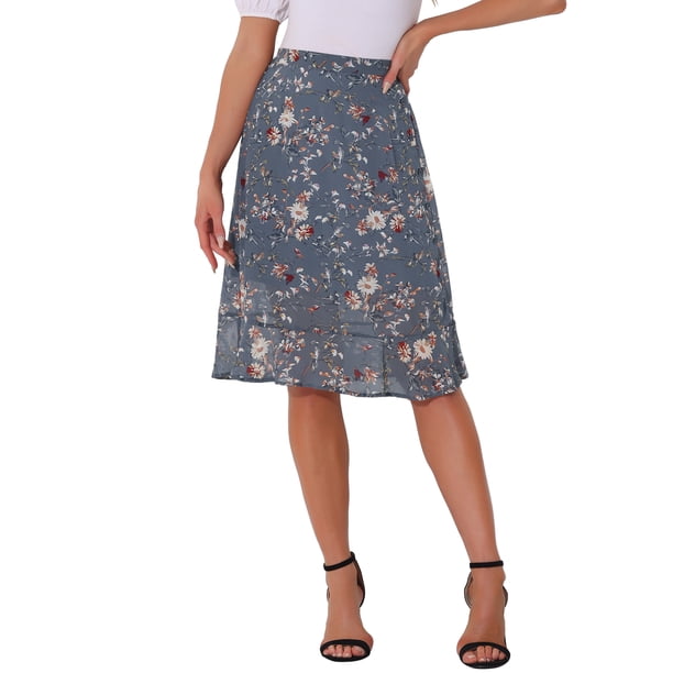 INSPIRE CHIC Falda Midi Floral de Cintura Alta con Línea A y Largo a la Rodilla para Mujer, Regreso a Clases, Gris Azul 3XL