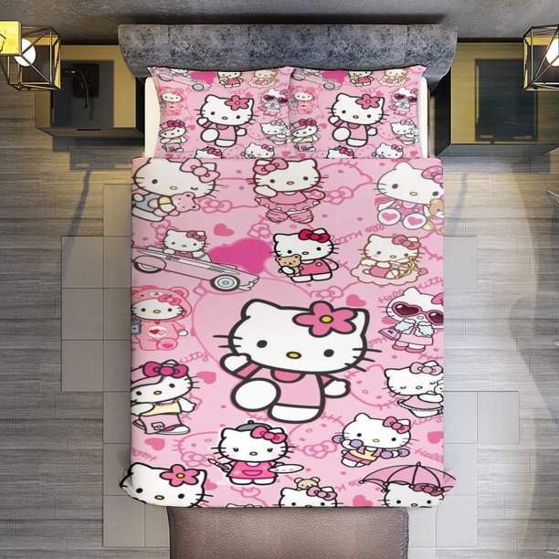 Hello Kitty Stickers Comforter Twin SizeComforter Set for Kids Girls3Pcs Bedding Set Printed Comforter with 2 PillowcasesDown AlternativeSoft and Lightweight Bed Sheets