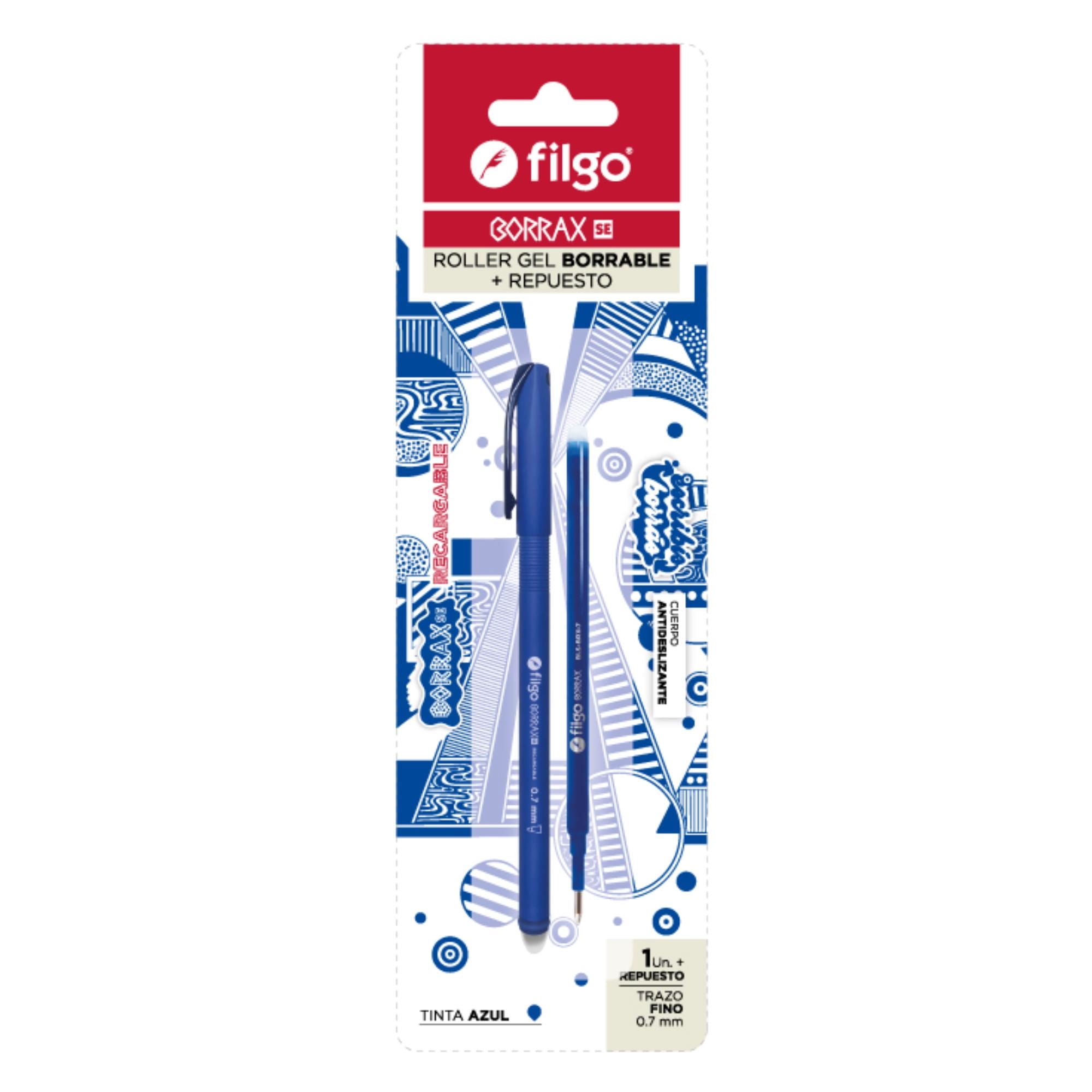 Lápiz Gel Borrable Azul Punta Fina + Repuesto Filgo