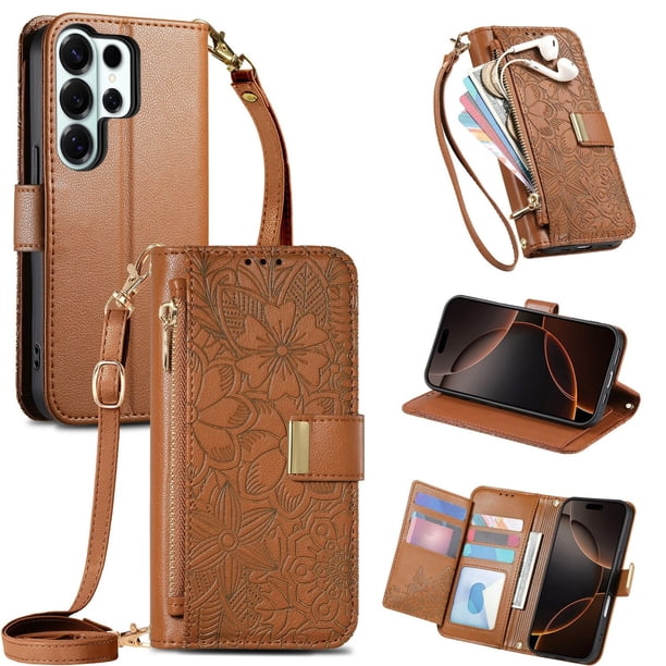 Funda tipo cartera de piel sintética FOXDOCK para Samsung Galaxy S26 Ultra – Resistente a golpes y a las interferencias RFID – Correa de mano larga marrón