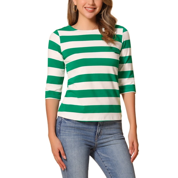 INSPIRE CHIC Camisetas a Rayas de Regreso a Clases para Mujer Ajuste Ceñido Mangas al Codo Cuello de Barco Talla L 2