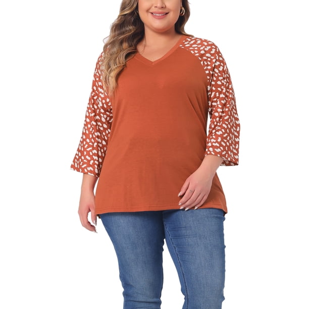 Agnes Orinda Blusa de Mujer Talla Grande para Escuela y Universidad Casual Floral Cuello en V Mangas Raglán 3/4 para Comodidad Estilosa y Uso Diario 2X Marrón