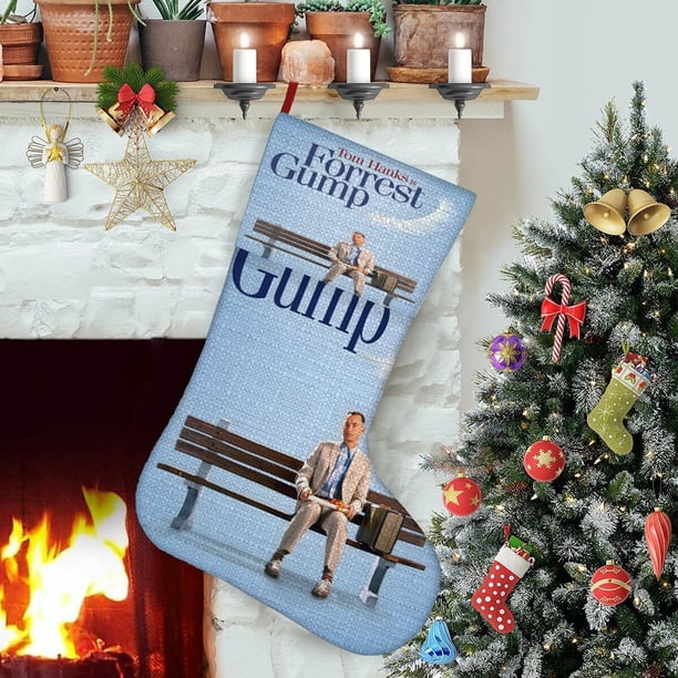 Forrest Gump Tema: Calcetines de Navidad, fino lino blanco para colgar en escaleras y chimenea, decoración navideña para el hogar, regalo de Navidad. 45cm × 32cm