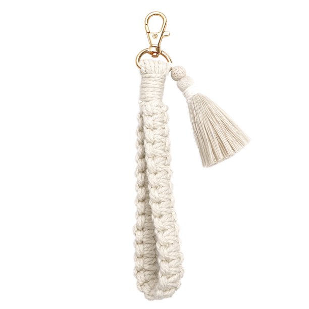 Pulsera de macramé con llavero, hecha a mano, con borla y cordón tejido para mujer