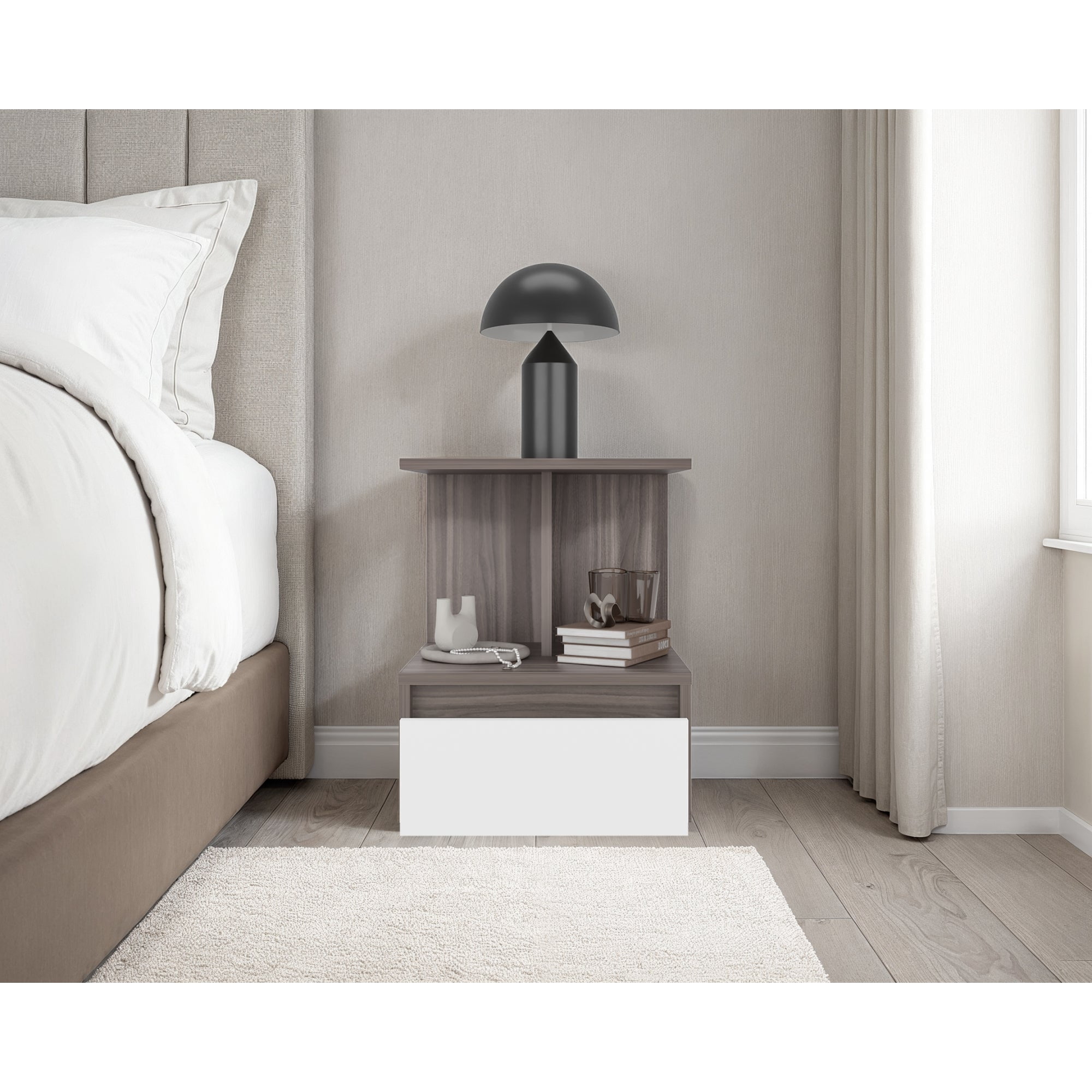 Tuhome - Velador 1 Cajon Miki 51,6x40x35 Cm Avellana Y Blanco