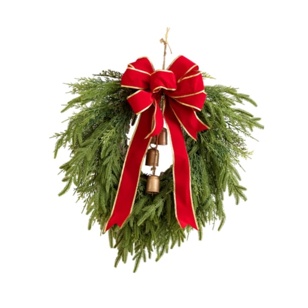 Corona navideña artificial verde de 19 pulgadas con campana y lazo rojo, guirnalda navideña versátil para decoración de fiestas navideñas, resistente