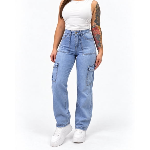 Jeans Cargo Mujer Celeste Jeans Tiro Alto Elasticado