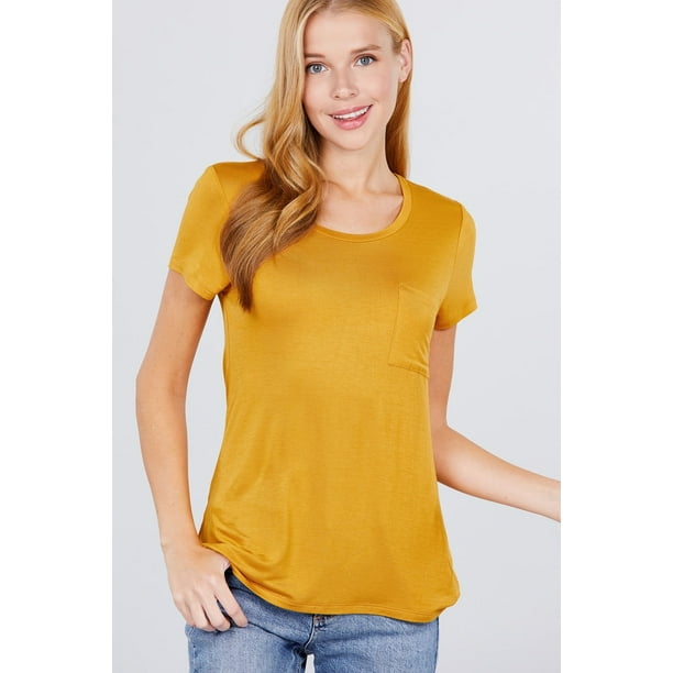 Saronite Camisa Básica de Manga Corta con Cuello Redondo y Bolsillo, Color Mostaza Rubí (para Mujer)
