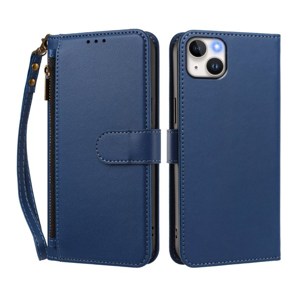 Funda Tipo Billetera para iphone14 Plus con Soporte y Bolsillo con Cierre Azul profundo