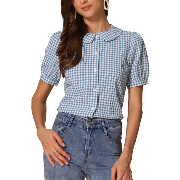 INSPIRE CHIC Camisa a Cuadros de Regreso a Clases para Mujer con Cuello Peter Pan, Manga Corta Abullonada, Botones Abajo, Blusa de Gingham, Azul Lago S