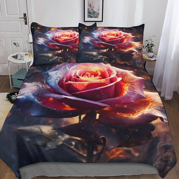 Funda nórdica Flame Rose, juego de ropa de cama para niños True Love, funda de edredón de microfibra con estampado 3D, juego de 3 piezas, funda nórdica con Z