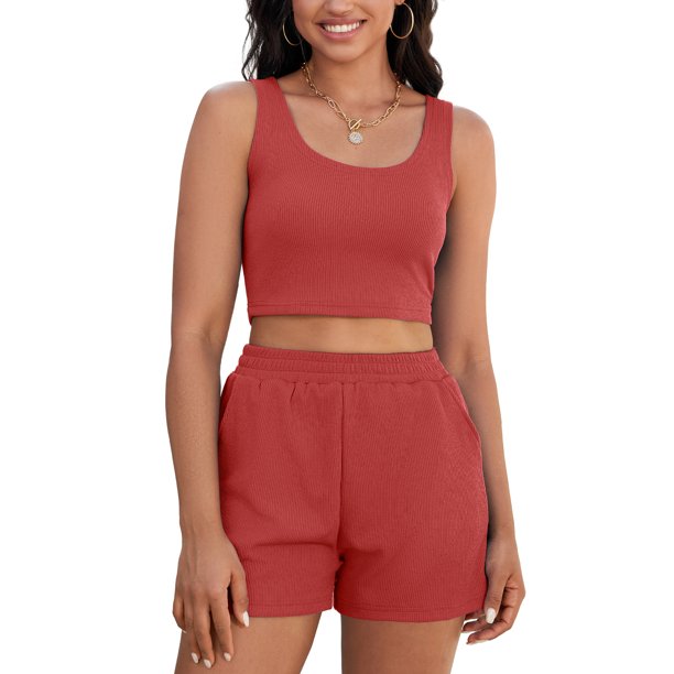 ATHLECHIC Conjuntos de 2 Piezas para Mujer, Tops Cortos de Punto Acanalado con Bolsillo y Shorts, S Rojo