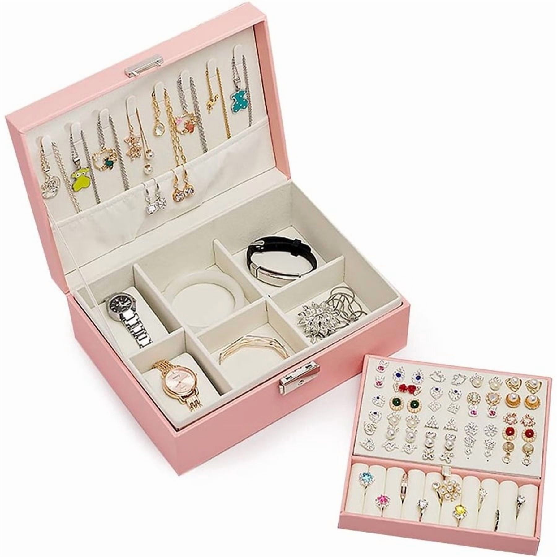 Wakeshome - Organizador De Joyas De Cuero Multifuncional De 2 Capas Con Cerradura