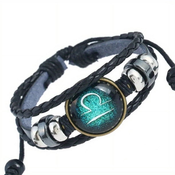 Luminous Twelve Constellation Artificial Gemstone Bracelet ,Beaded Rope PU Leather 12 Constellation Woven Bracelet