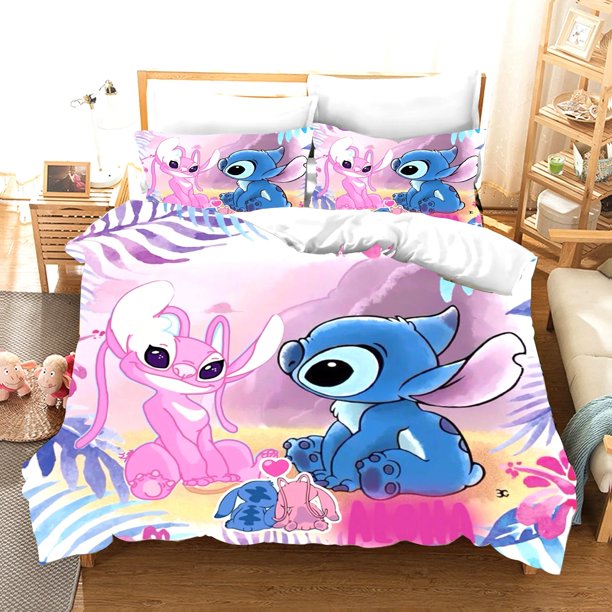 Cute Lilo and Stitch Cartoon Comforter Set 100% Polyester/Cotton Bedding Set 3 Piece Soft Breathable Comforter Set Gift Bed Sheets