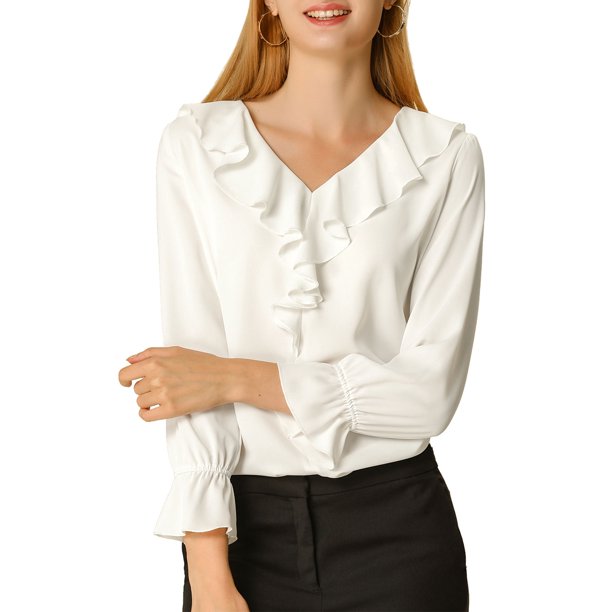 INSPIRE CHIC Blusa con Volantes para Mujer de Regreso a Clases Elegante Cuello en V Manga Larga Top Elegante Blanco XS