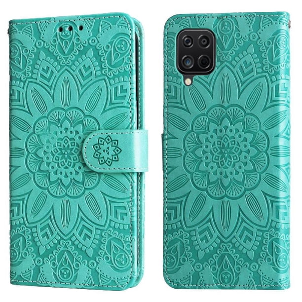 Funda tipo cartera FOXDOCK para Samsung Galaxy A12 , diseño girasol en relieve, cuero PU, cierre magnético, soporte y tarjetero
