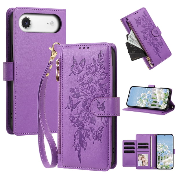Funda Billetera Floral en Relieve iphone17 air con Tarjetero y Cremallera Morado