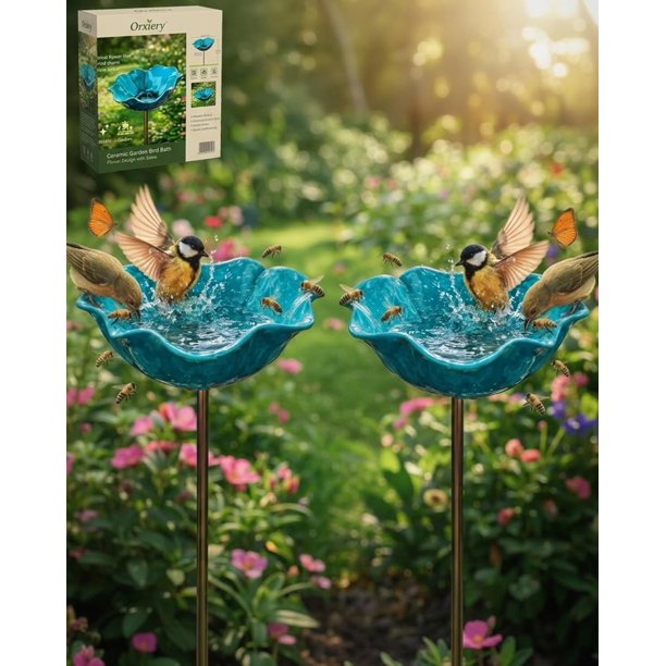 Estaca jardín flor metal hecha mano con baño abejas decoración exterior regalo polinizadores