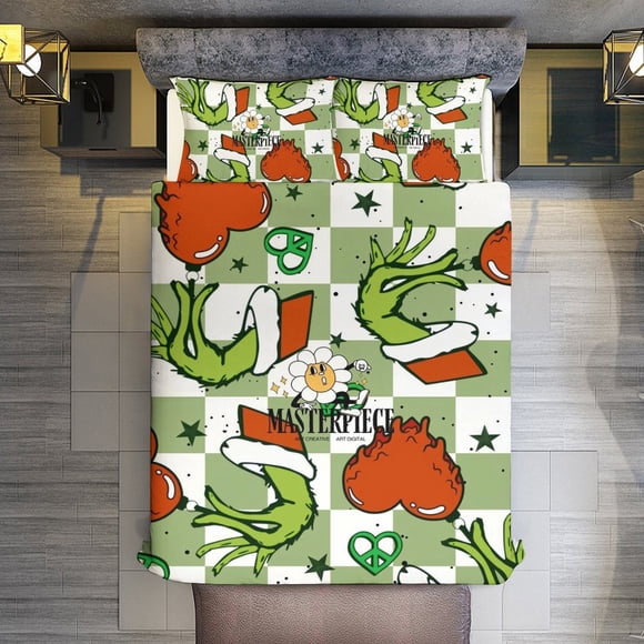 Christmas Magical Grinch 3 Pieces Duvet Cover Set Full Size Super Soft Fade Resistant Microfiber