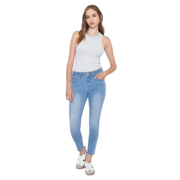 Jeans Mujer Skinny Fit Hight Waiste Azul Claro 2 Botones Corona