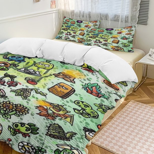Plants Vs Zombies Quilt Set Thicken Soft 3 Pieces Bedding Set All Season Duvet Cove with 2 Pillowcases for Adult Women Girls Teens Home Room Decor
