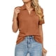 thumbnail image 1 of Camiseta de mujer de color puro con solapa, manga corta, cuello en V, informal, de verano, para casa, oficina, compras y actividades al aire libre., 1 of 6