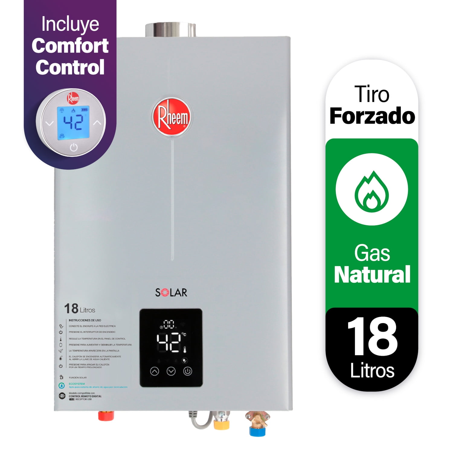 Calefont 18 L Gas Natural T Forzado Con Control Digital Rheem