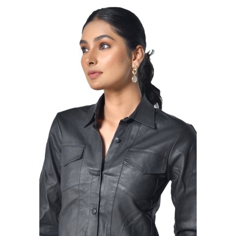Camisa Cuero Sharo Classic Leather Negra Mujer