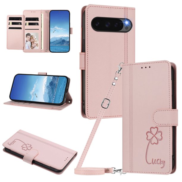 Funda Cartera Trébol para Google Pixel 9 Pro XL 5G con Ranuras Tarjetas y Carga Inalámbrica Rosa